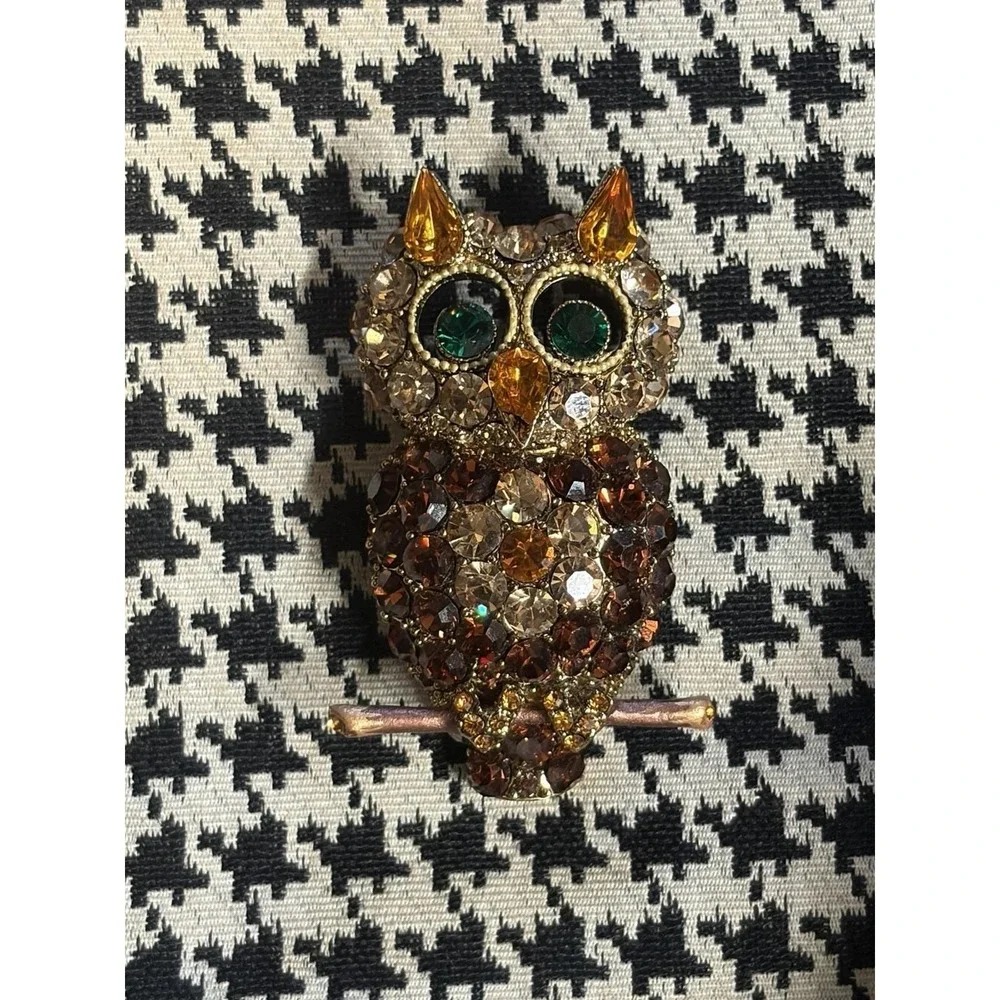 Hoot Owl Brooch Pendant Rhinestone Figural‎ Bling Amber Tone Statement Pin 2.5🦉